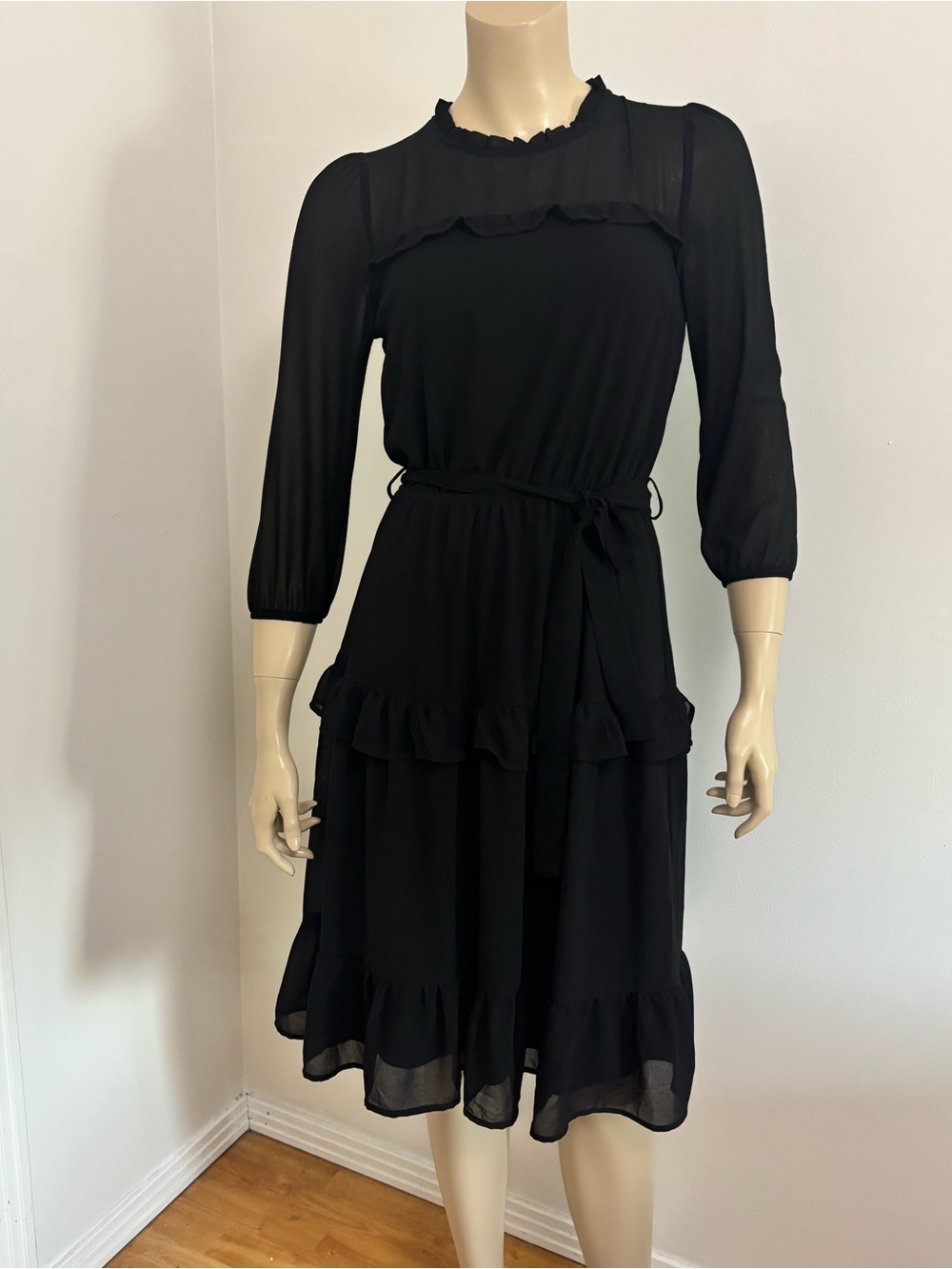 Monteau Black Ruffle Tie-Waist Midi Dress